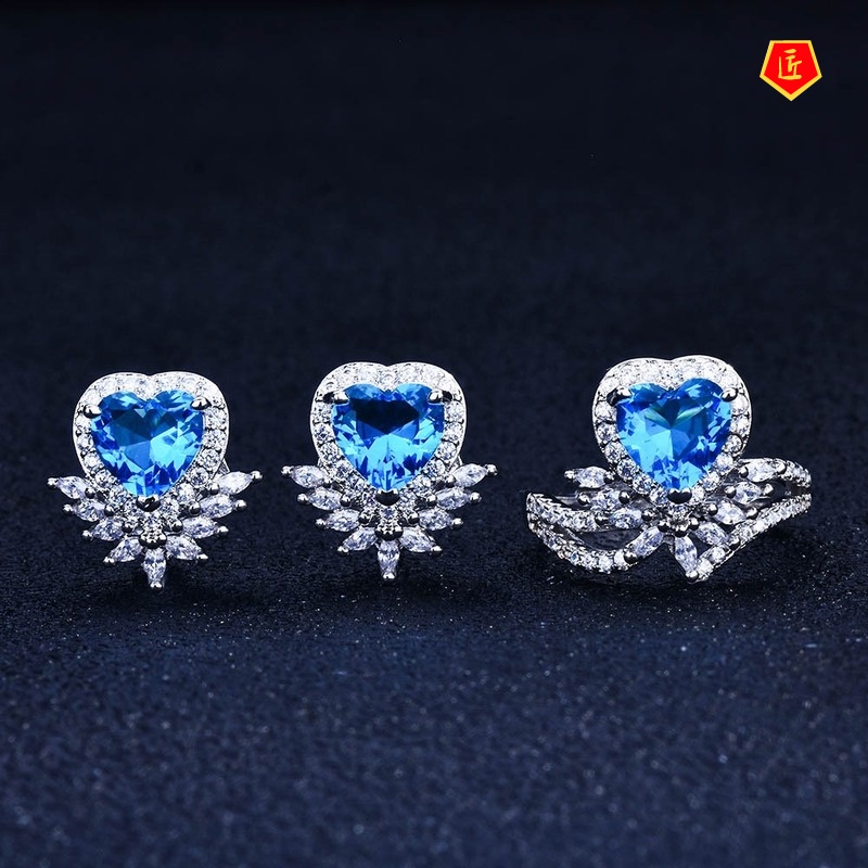 [Ready Stock]Heart-Shaped Ring Blue Topaz Earings Set