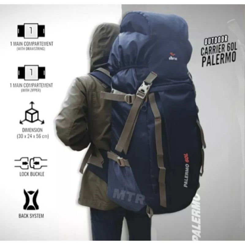 TAS CARRIER//GUNUNG ELBRUS PALERMO 60 LTR BONUS RAINCOVER MURAH MERIAH BERKUALITAS