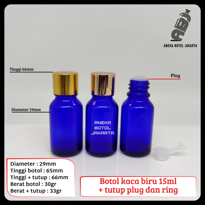 Botol kaca serum biru 15ml plug ring