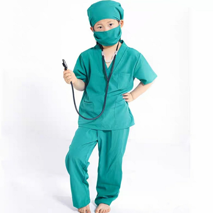 Kids Surgeon Costume Green v neck set Kostum dokter baju oka anak 4 in 1 Green