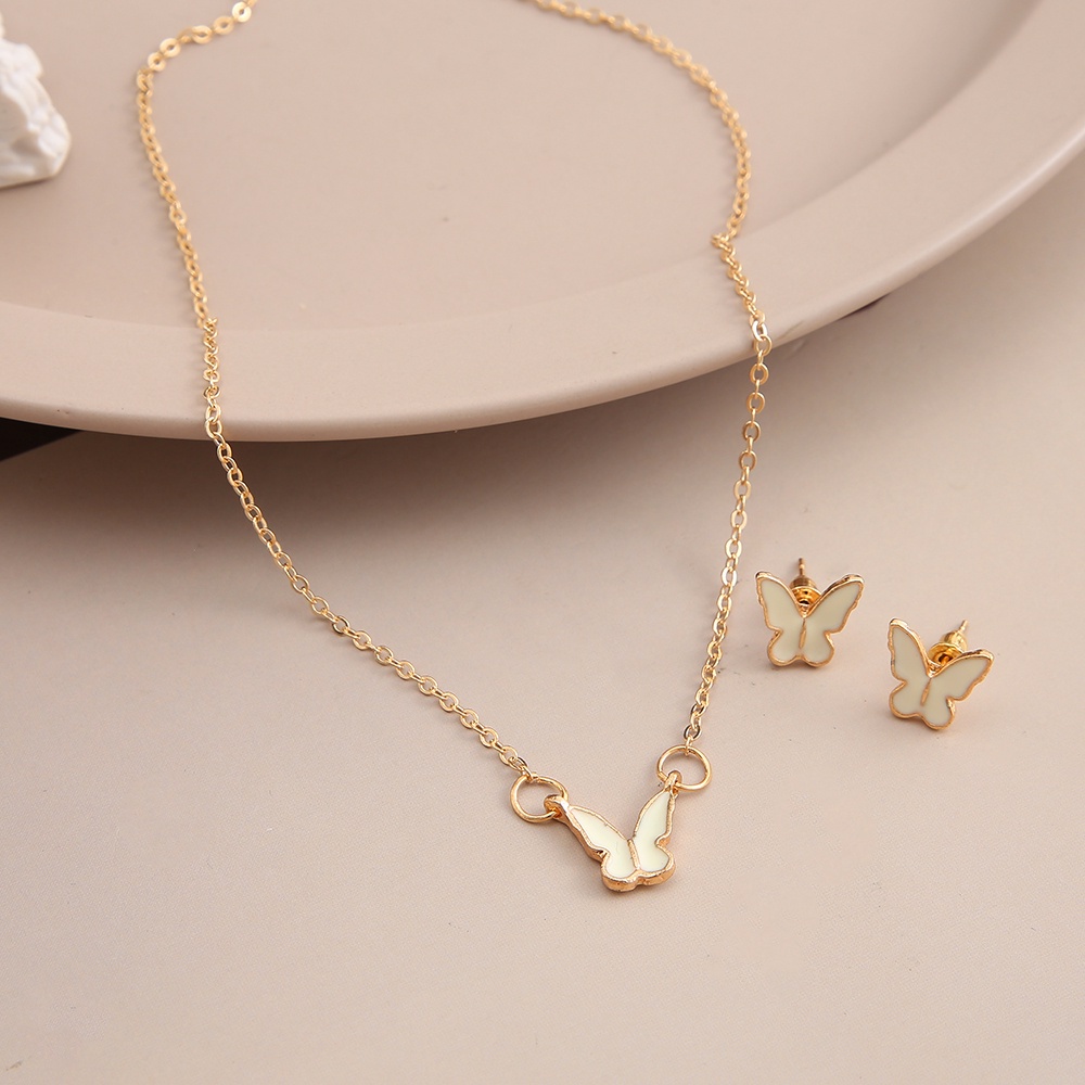 Set Anting Dan Kalung Rantai Choker Liontin Butterfly Warna-Warni Untuk Wanita