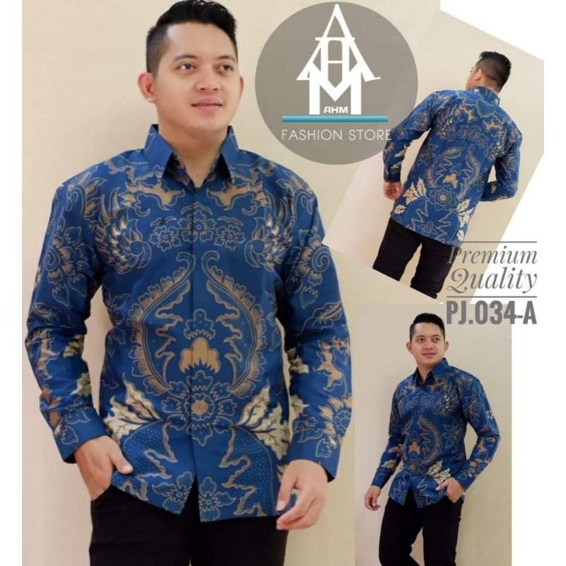(BATIK BIRU) BAJU BATIK PRIA LENGAN PANJANG LAPIS FURING