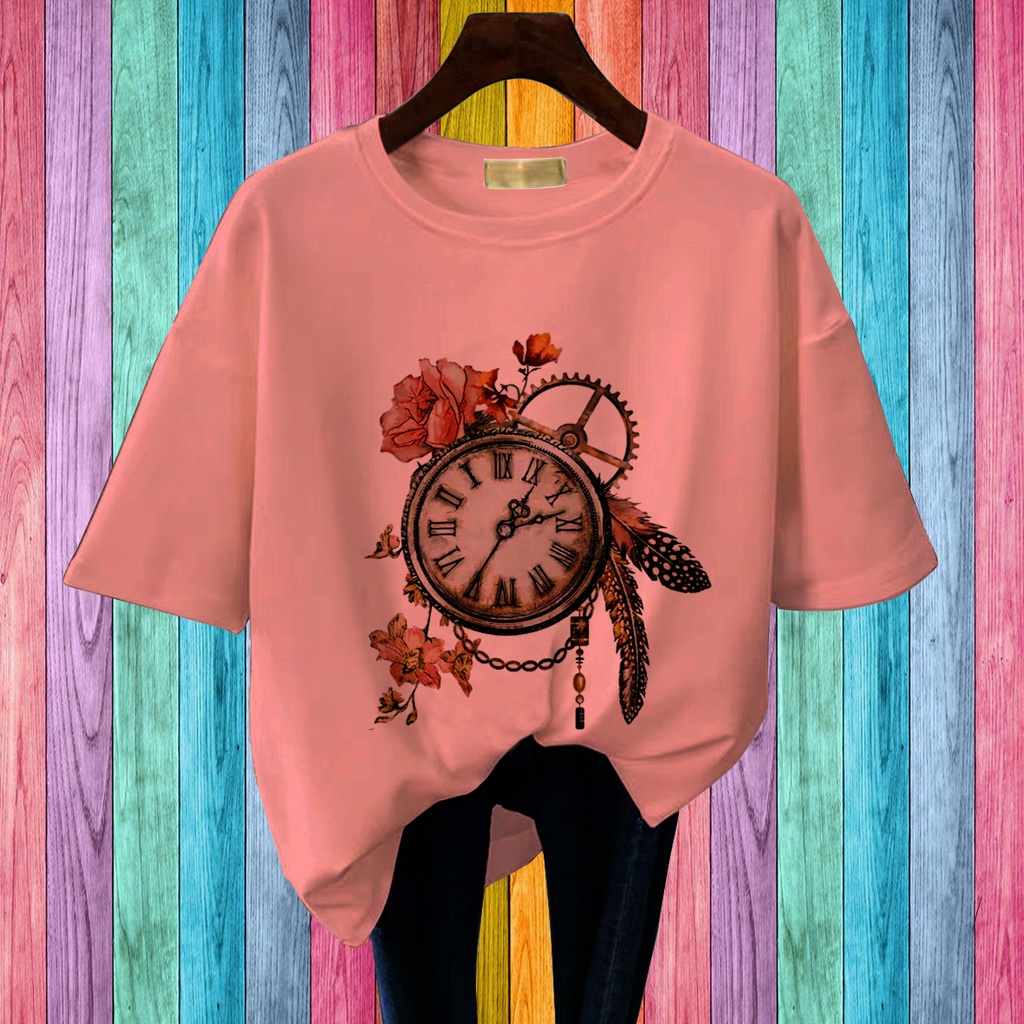 CALVIERO SHOP - BAJU KAOS WANITA DEWASA PRINT CLOCK VINTAGE CASUAL