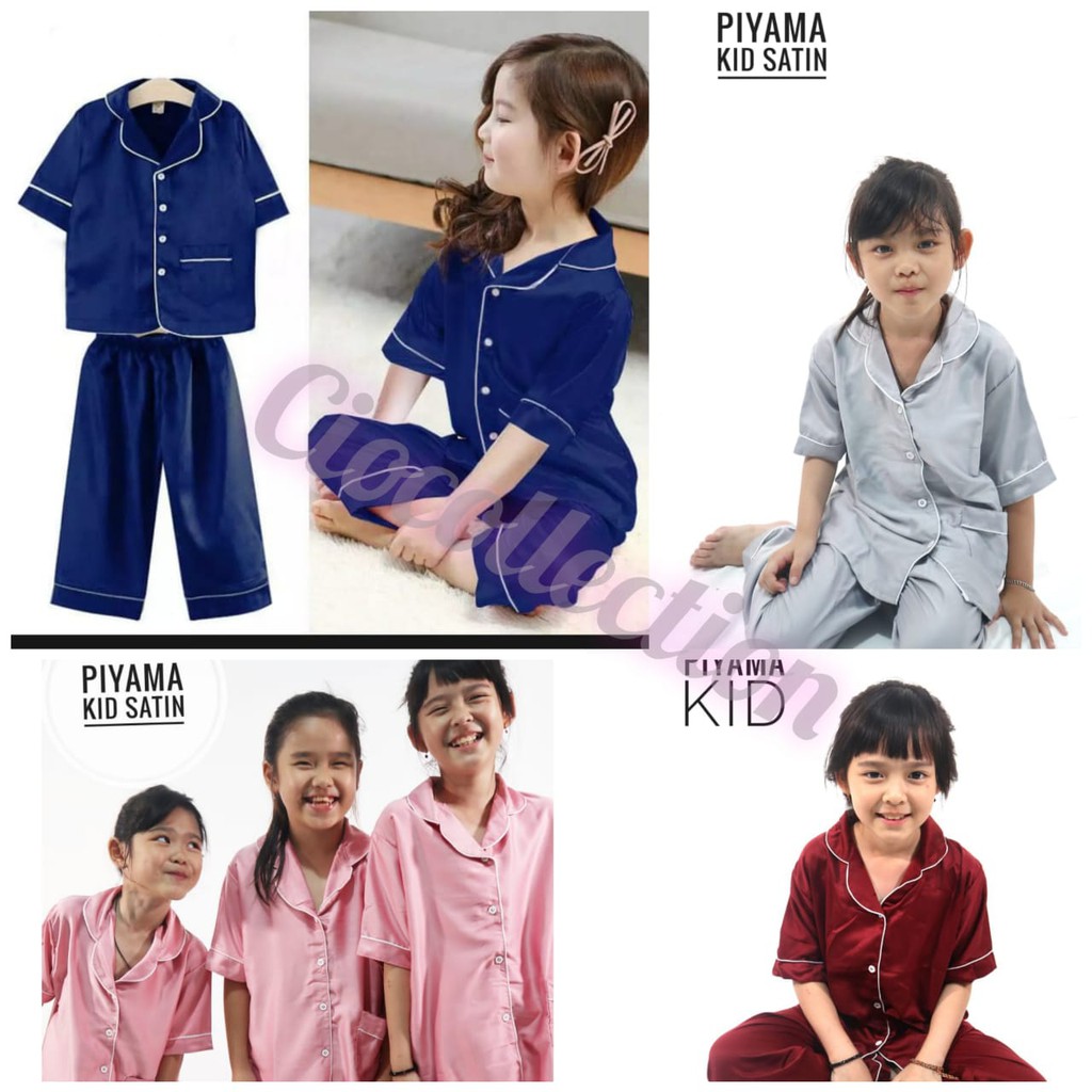 Piama anak satin silky velvet celana panjang lengan pendek