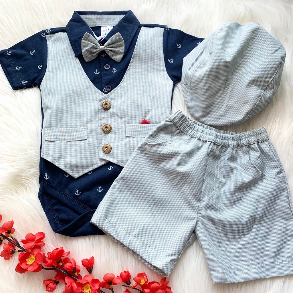 Baju setelan jumper celana rompi nyambung pergi jalan bestseller anak bayi cowo laki murah -cha