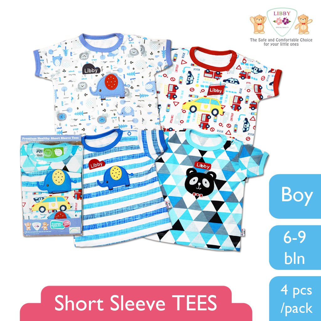 LIBBY Short Sleeve Tees 0-24 BLN Motif RANDOM (1 PACK/SET) Isi 4pcs / Baju Kaos Bayi Lengan Pendek