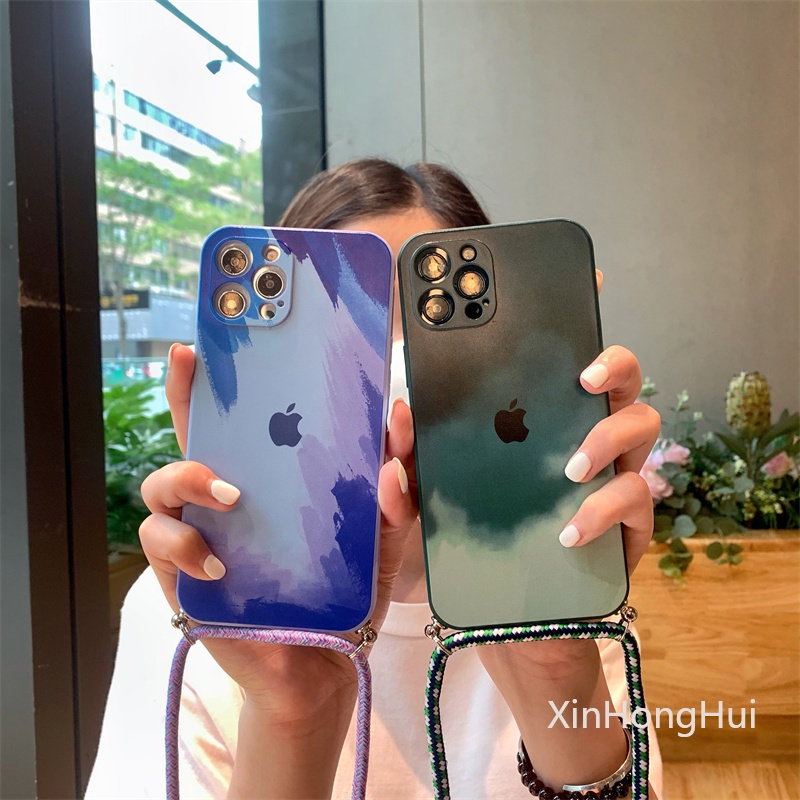 Warna Air Silicone Cover Pelindung All-Inclusive Soft Shell Dengan Lanyard Anti-Lost Ponsel Case Untuk IPhone 11 12 Pro Max Mini 7 8 SE2 Plus X Xr Xs Max