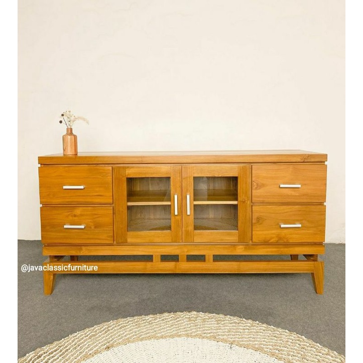 BUFET CUSTOM SCANDINAVIA KABINET TV RETRO LACI MINIMALIS KAYU JATI GRADE A BERKUALITAS FINISHING NATURAL UKURAN 150x45x75 PRODUKSI JEPARA