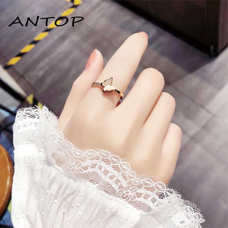Korea Cincin Titanium Wanita Kupu Karat Lapis Emas Anti Karat Perhiasa Aksesoris Mode ANTOP