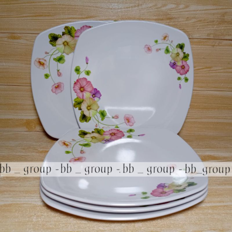 6 pcs piring prasmanan melamine asli segi 9inc melamine ware motif mawar