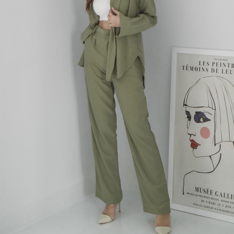 AERA - Kai Pants (highwaist cullote / celana korea kulot wanita / celana bahan)-Olive Sage