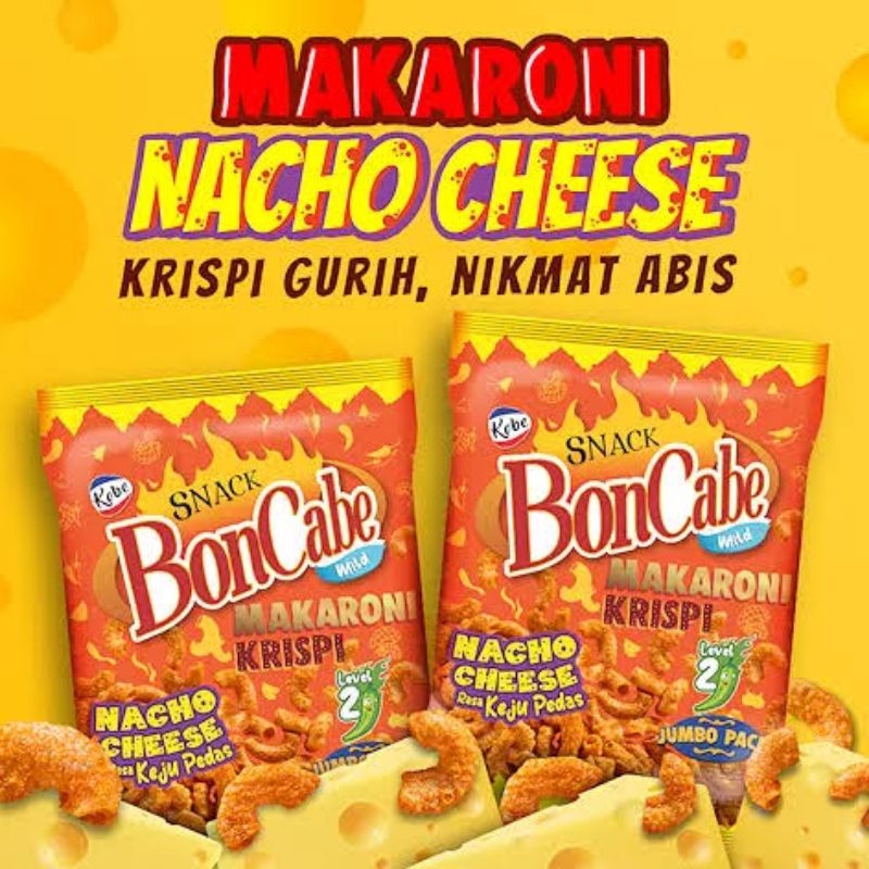 

Kobe Snack BonCabe Mild Makaroni Krispi Level 2 Nacho Cheese Rasa Keju Pedas 27gr