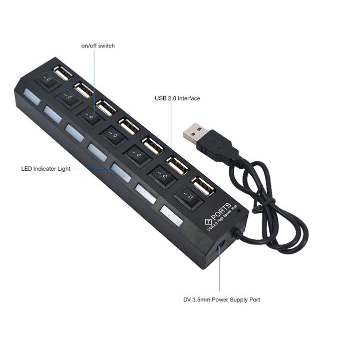 USB HUB 7 Port USB 2.0 Hub On/Off Switches