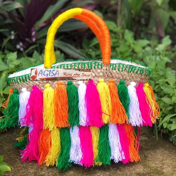 Tas bangkok/tas anyaman hias/tas anyaman bali/oleh oleh bali/tas rotan/tas pompom/tas rajut/tas