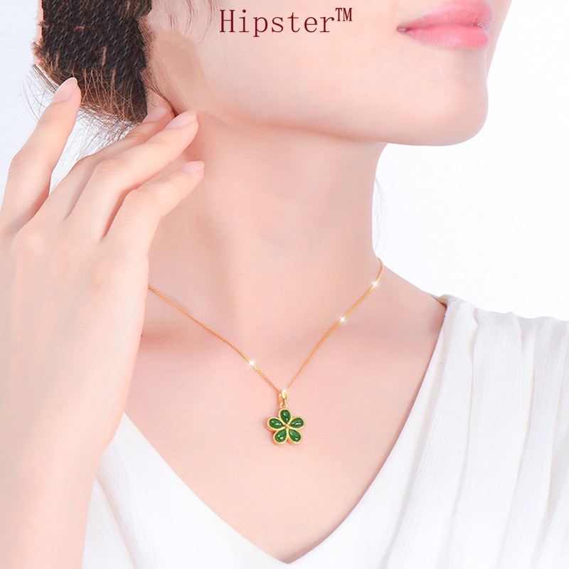Fashion Inlaid Natural Emerald Parthenocissus Grass Pendant Romantic Couple Necklace