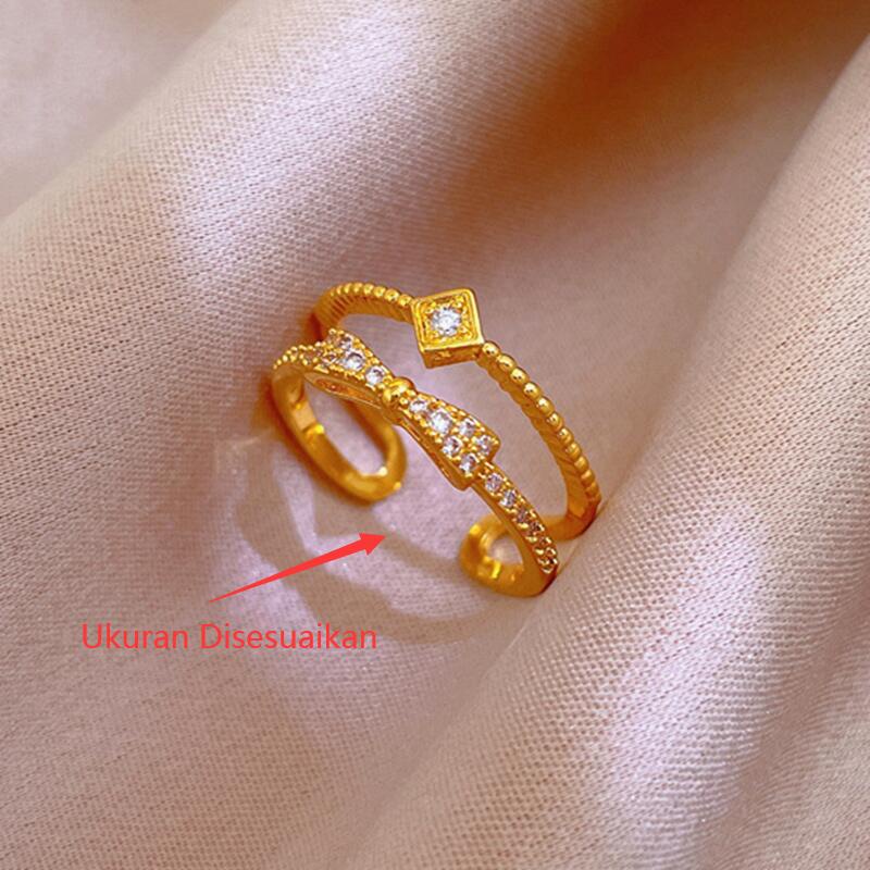 Cincin Titanium Wanita Anti karat Busur Cantik Berlian Lapis Emas 18K Perhiasan Korea