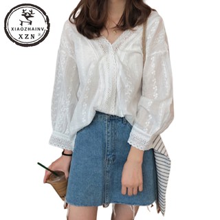 Xiaozhainv Kemeja  Putih  Berenda Renda  V neck Shopee 