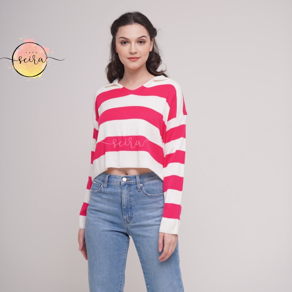 [BISA COD] Cora Knit Top Baju Blouse Rajut / Rajut Motif Garis Kekinian / Outer Rajut Crop Blaster