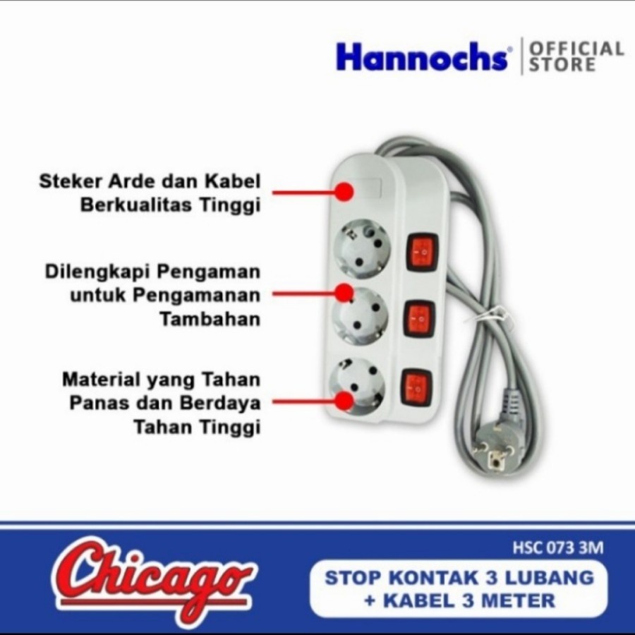 Hannochs Stop Kontak Chicago HSC 073 Kabel 3Meter - Teriminal kuningan