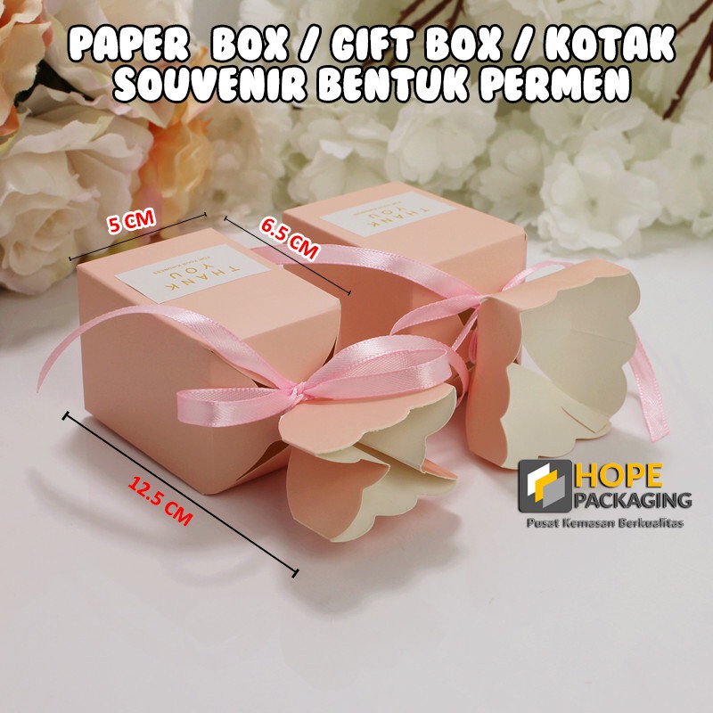 [ 5 pcs ] Paper Box Spesial Gift Box Kotak Souvenir wedding / ultah/ hadiah Bentuk Permen GRATIS Pita plus Stiker