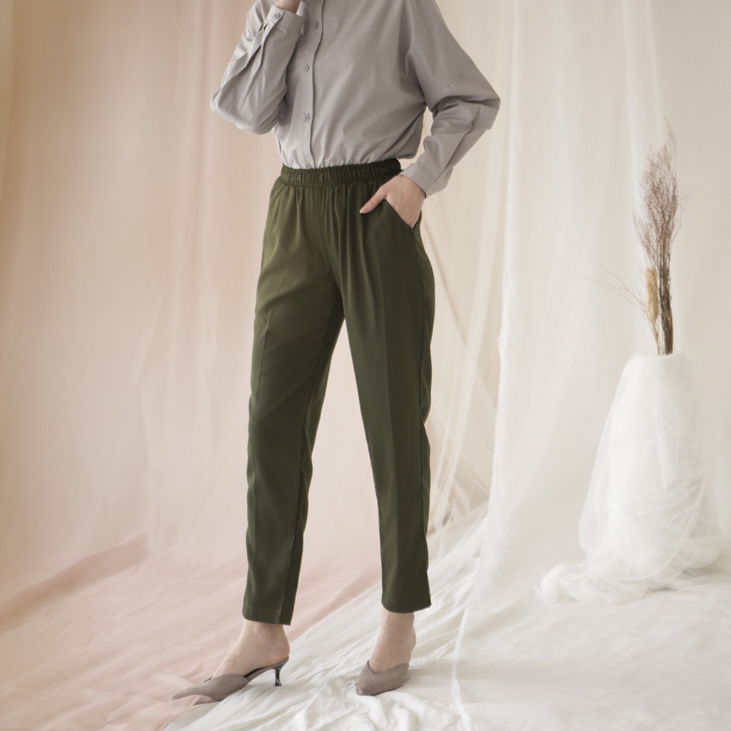 Rahma by Aska Label - Celana panjang wanita lurus pinggang karet warna Hitam, Light Grey, Olive, Sand