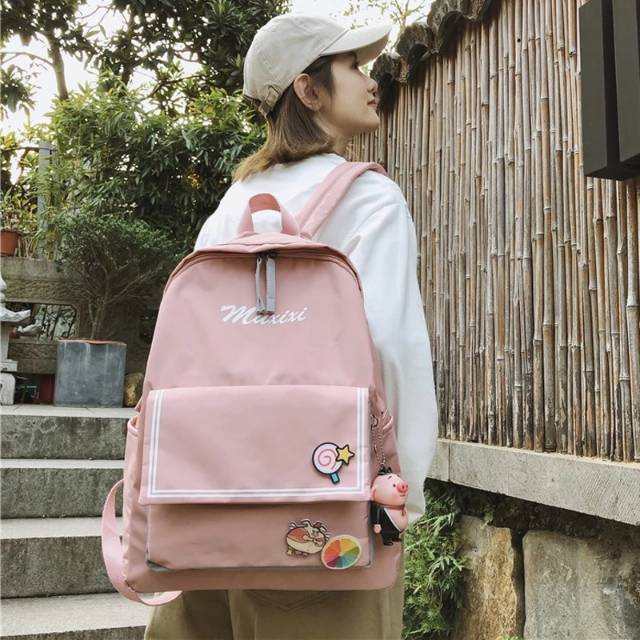 Maxixi Tas Ransel Backpack Sekolah KPOP (Tanpa Accesoris)Ransel Wanita Kanvas Fashion Tas Sekolah Siswa untuk Remaja Perempuan Ransel Wanita Warna Polos Kualitas Tas Buku Travel Santai