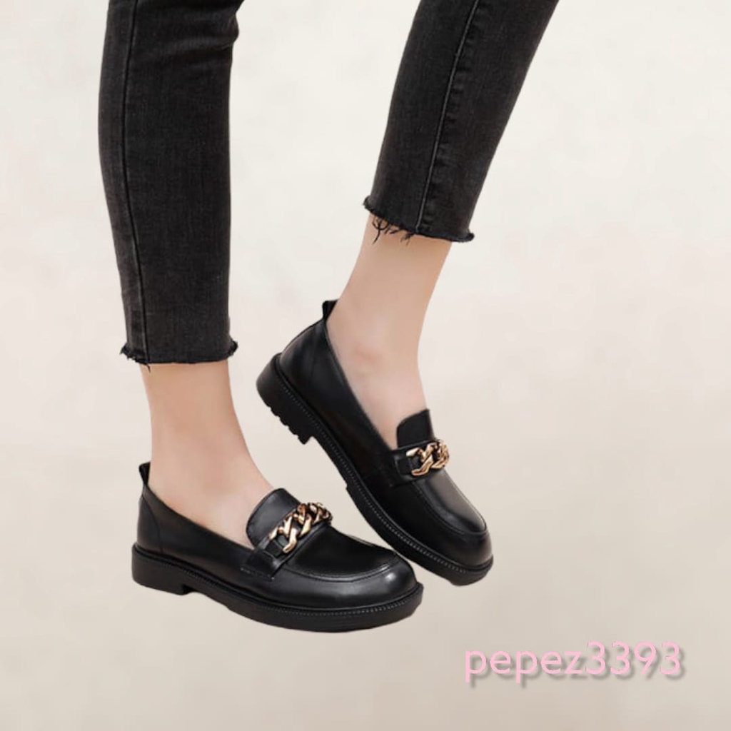 8.8 SEPATU WANITA LOAFERS DOCMART RANTAI GOLD BLACK DOF PREMIUM 2270