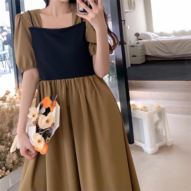 [littlecrab] Dress Wanita Panjang Kasual Hitam Moka Cream Dress With Outer Tank Top Simple Elegan Berkualitas Casual High Quality Simply Dress For Working Dress Polos Dress Jalan Dress Kerja Soft Color Korean Style