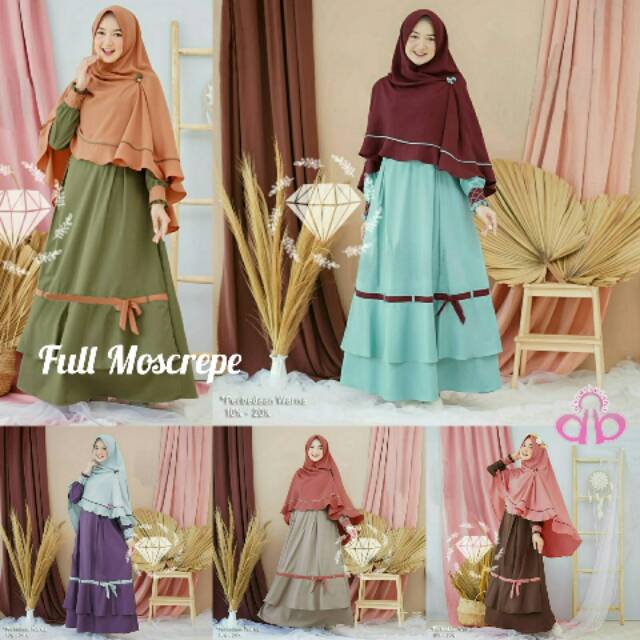 Gamis Syari Terbaru Full Moscrepe Plus Bergo Set Syari Lucia Army Mocca Lavender Tua Coklat Tua Mint