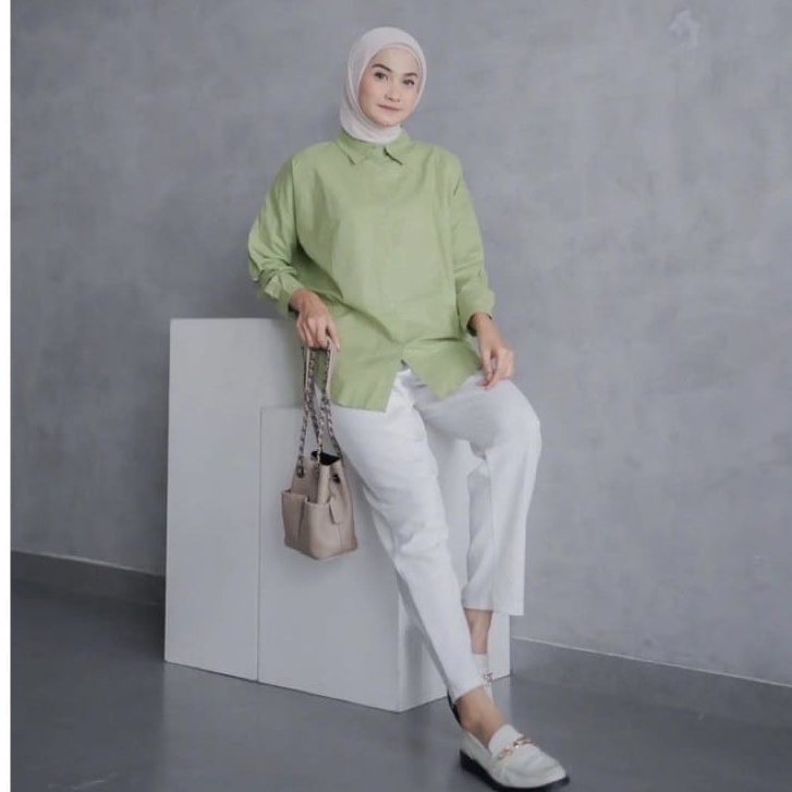 Gea Top | Kemeja Oversize Linen Wanita - Linen Shirt PREMIUM - Atasan Wanita Lengan Panjang - bagian belakang cutting silang - M,XL - JUMBO - READY SIZE - TERMURAH - PRUCHIA - BUSUI FRIENDLY - COD