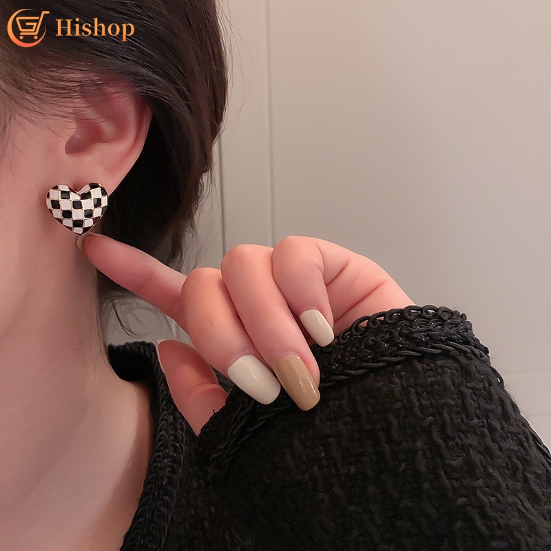 Heart Shape Checkerboard Simple Cute Earrings Sweet Girl Stud Earring Women Fashion Accessories