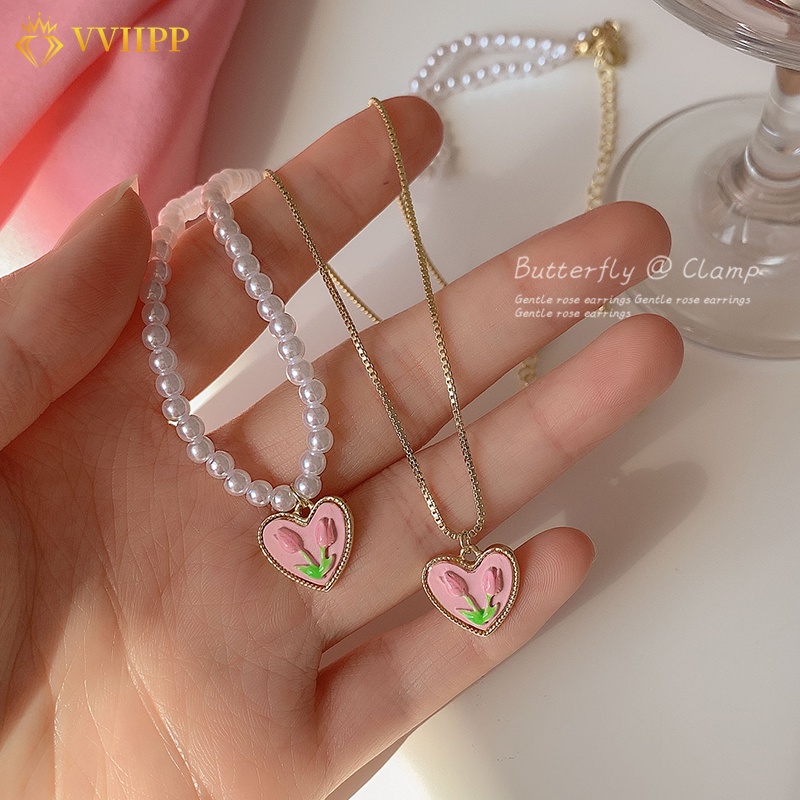 Kalung Choker Rantai Manik-Manik Mutiara Liontin Hati Tulip Pink Untuk Aksesoris Perhiasan Wanita