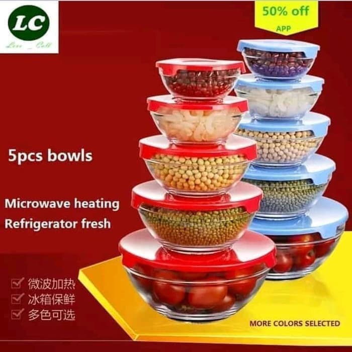 *COD*Glass Bowl Set Isi 5 Pcs - Mangkok Kaca Set - Fresh Box Toples 5 In 1