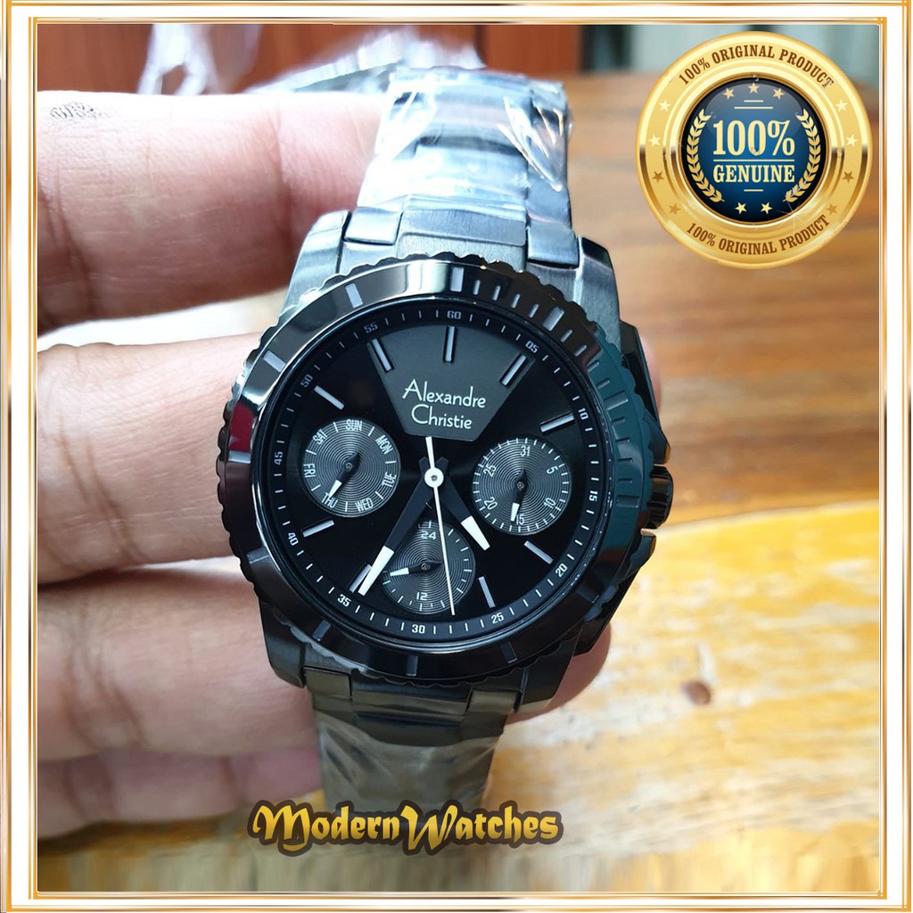 Jam Tangan Wanita Ori Alexandre Christie AC 6455 Full Black Hitam Rantai Stainless Sporty Alexander