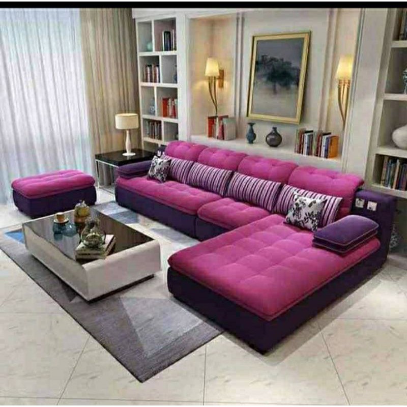 SOFA letter U minimalis modern ungu dan crem