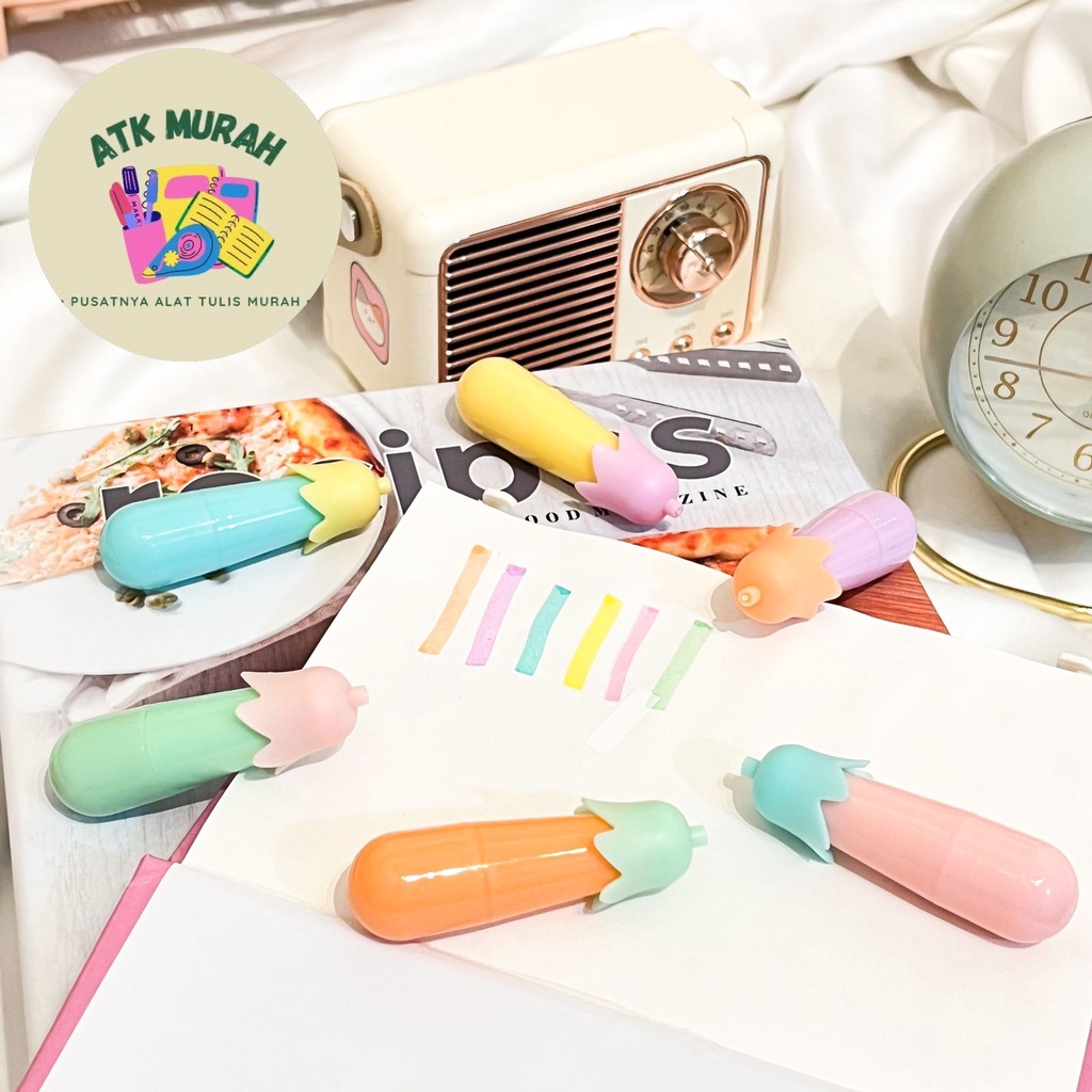 

Highlighter set isi 6 pcs Terong bentuk sayur buah lucu kado unik warna pastel alat tulis kantor sekolah penanda tulisan pena pen
