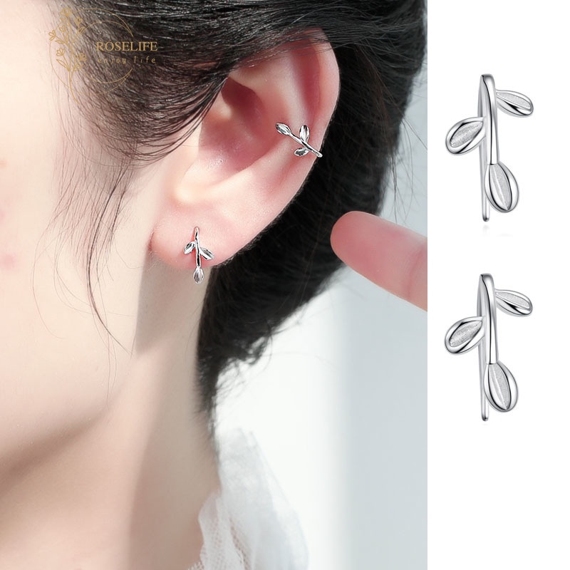 Roselife S925 Silver Leaf Sprout Stud Earrings 1 Pair for Women Girl Simple Fashion Jewelry