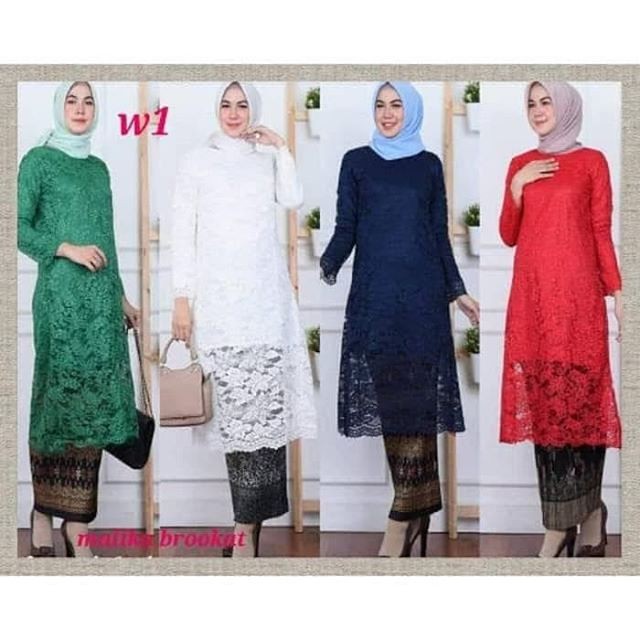 Set Kebaya Brukat Tunik Mix Plisket Hijau Botol / Putih / Navy / Merah