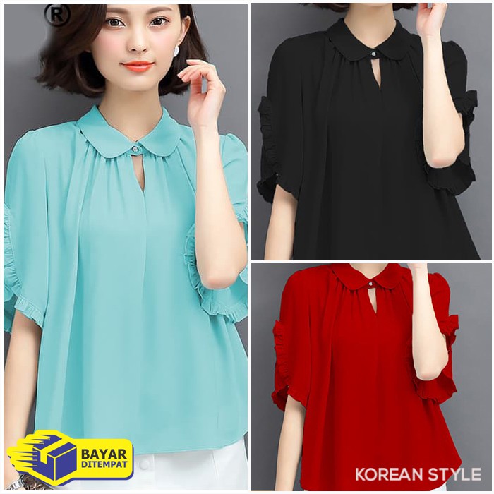 Blouse Polos Wanita Gaya Korea Model Baju Kerja Wanita Lengan Pendek Krah Sifon Aneka Warna Shopee Indonesia