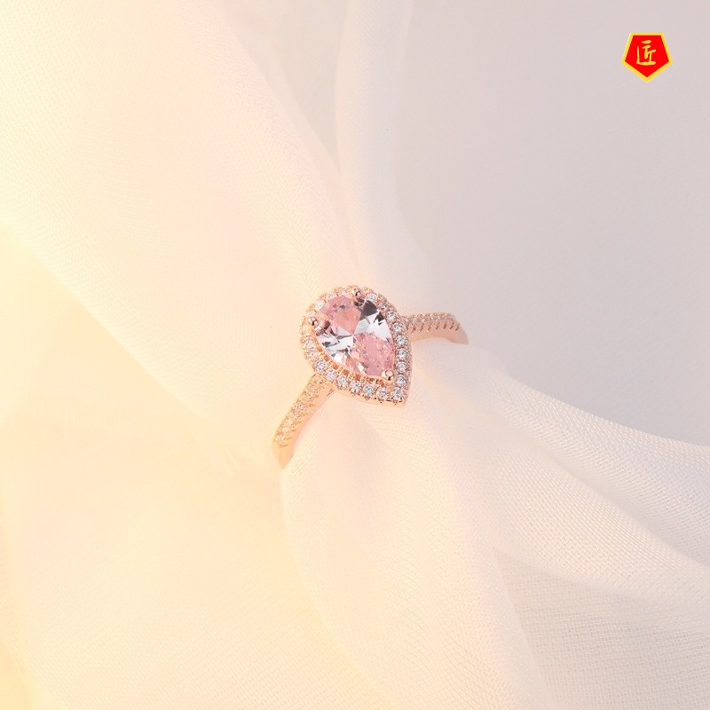 [Ready Stock]Women's Luxury Rose Gold Inlaid Pink Crystal Ring