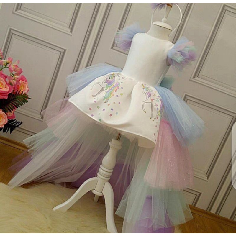 baju gaun dress unicorn rainbow model tutu pesta ulang tahun mewah anak cewek import premium - kostu