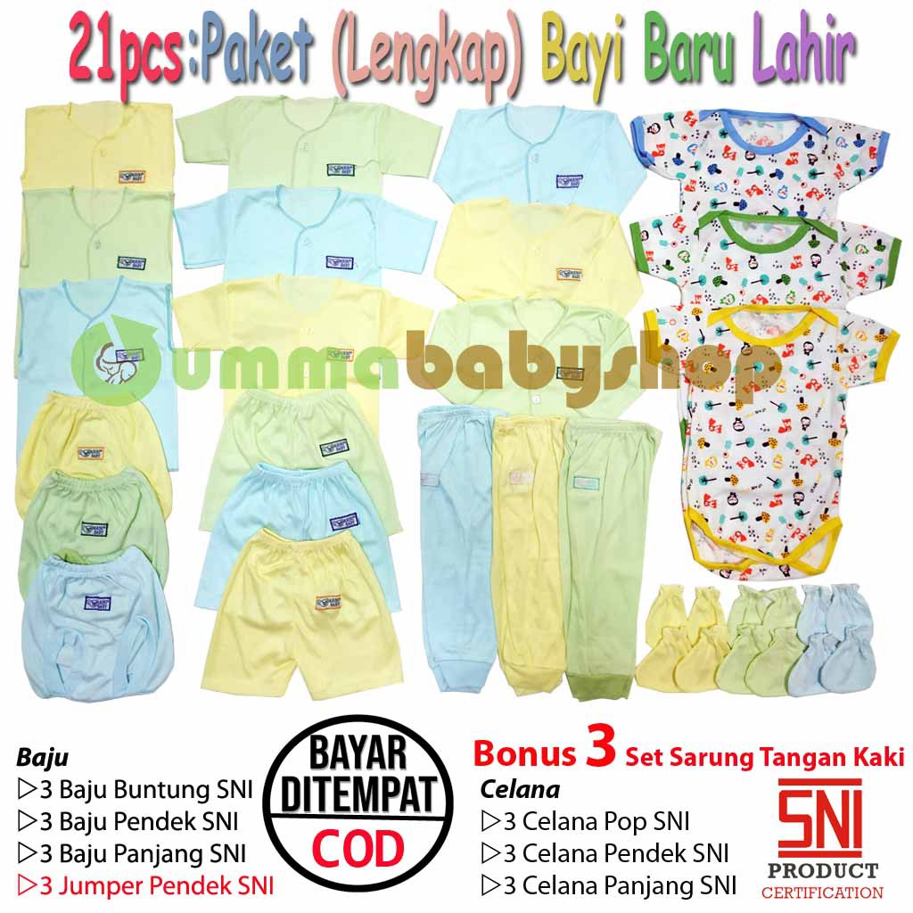 21pcs Paket SNI Newborn Perlengkapan Bayi Lahir Baju Polos Jumper Setelan Celana Kado Lengkap Murah