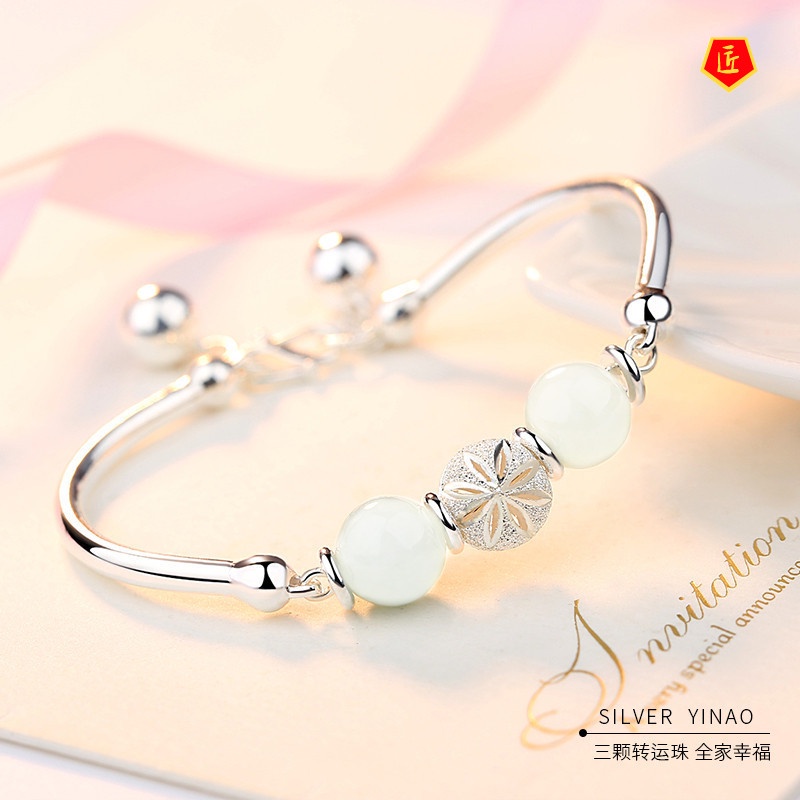 [Ready Stock]925 Silver Fashion New Simple Jade Opening Bracelet