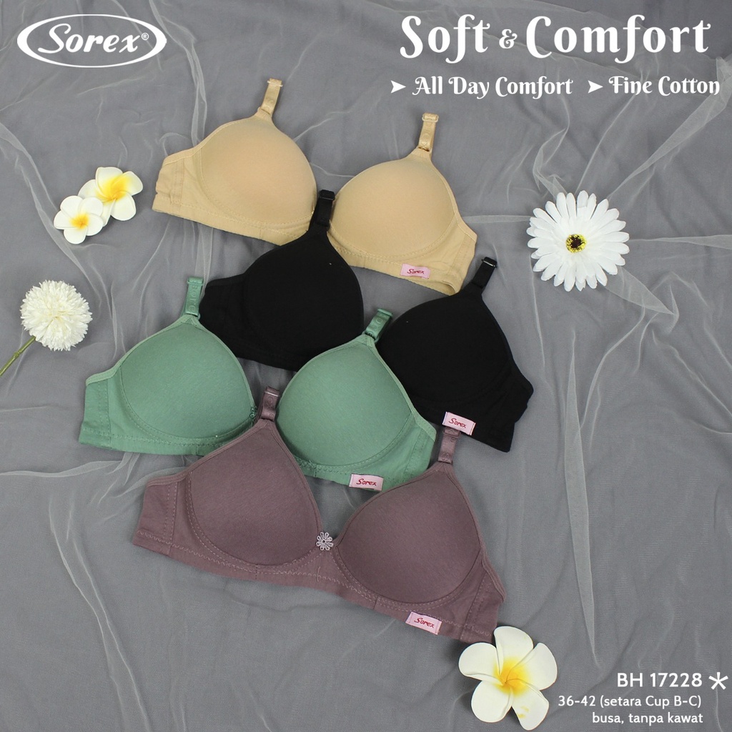 Sorex 17228 - 1 Pcs BH Wanita - Pakaian Dalam Wanita - Tanpa Kawat Cup Besar Kait 3 Setara Cup B-C, Bahan Berkualitas