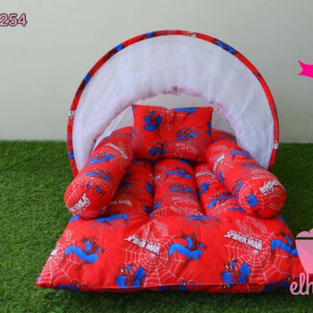 Kasur Bayi Motif Spiderman Lucu Set Bantal Guling Kelambu Lipat Praktis | Kado Perlengkapan Baby Boy