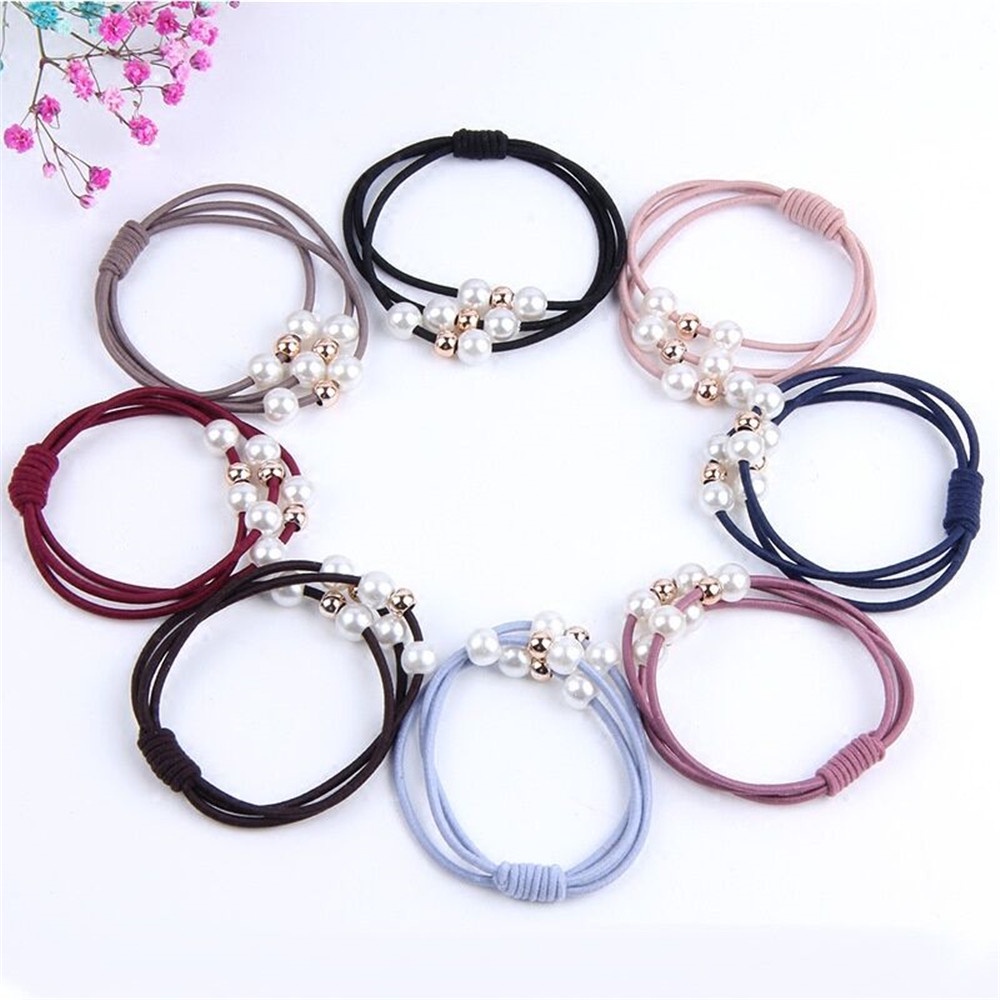 Ikat Rambut Korea Elastis manik Rubber Band Pearl Mutiara 3 tali kunciran aksesoris rambut import