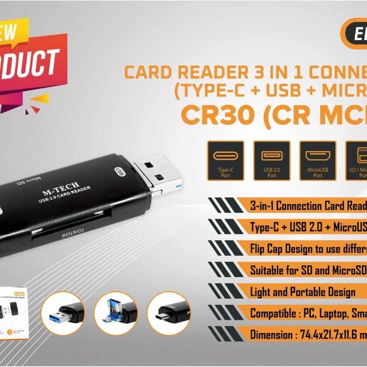 CR30 Card Reader 3in1 M-Tech CR-30 OTG Usb 2.0, Type C, Micro USB