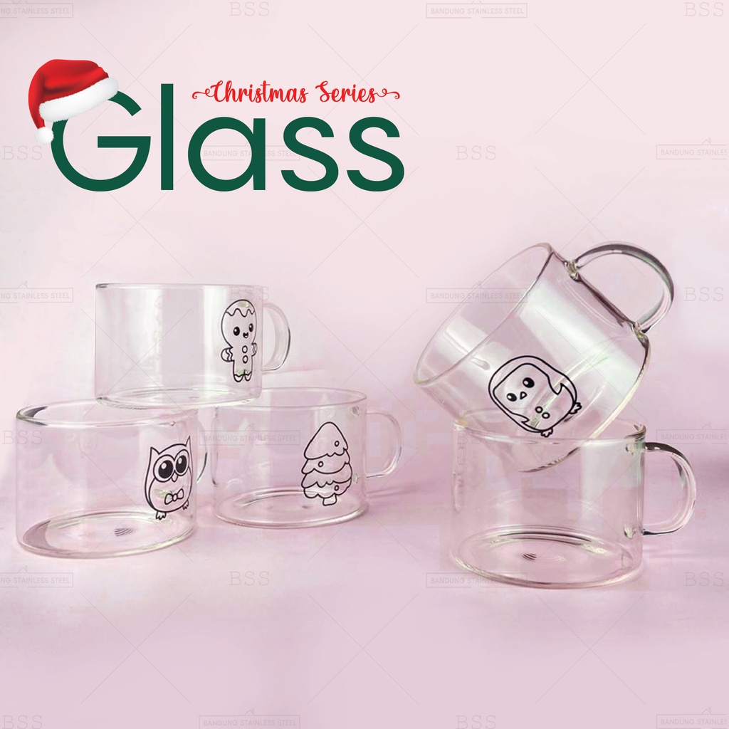 Gelas Gift Natal 450ml Christmas Kado Cangkir Kaca Glass Borosilicate Sereal Cereal Cup Nordic Motif Lettering Cantik Unik