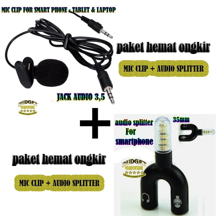 PAKET MIC CLIP plus AUDIO SPLITTER - Hitam