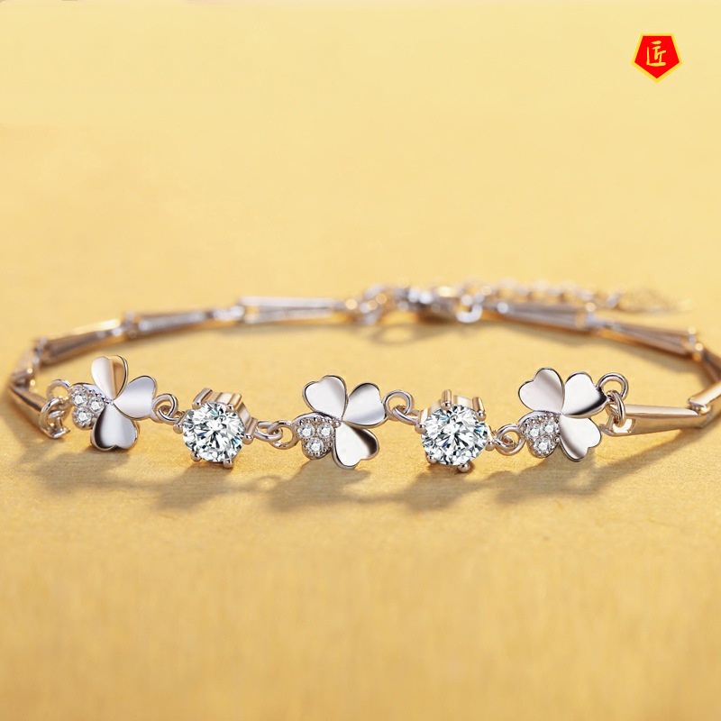 [Ready Stock]925 Silver Sweet Temperament Four-Leaf Clover Bracelet